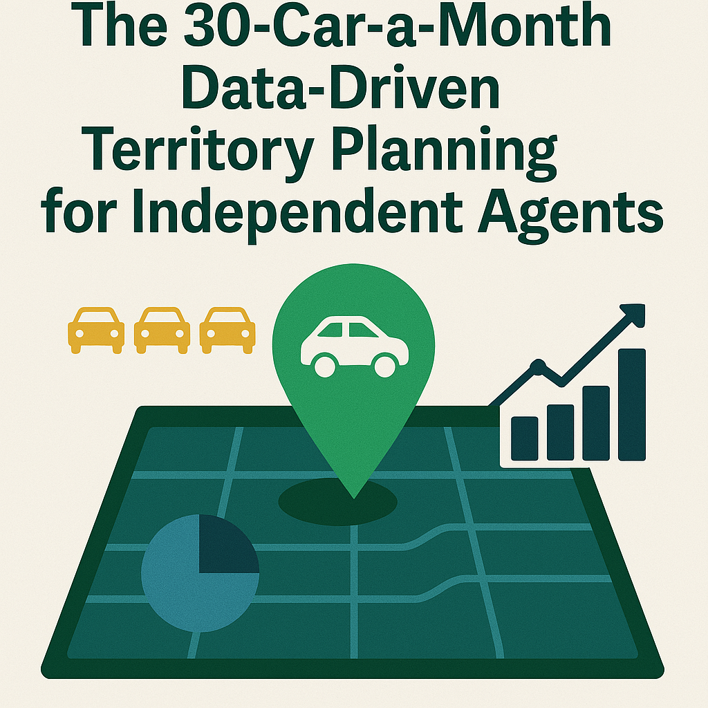 Independent F&I agent reviewing a digital territory map with sales performance data and dealership markers on a tablet.