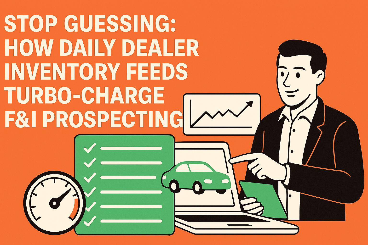Illustration of a man analyzing dealership inventory data on a computer, with icons representing cars, pricing, and daily updates, alongside the headline: "Stop Guessing: How Daily Dealer Inventory Feeds Turbo-Charge F&I Prospecting".