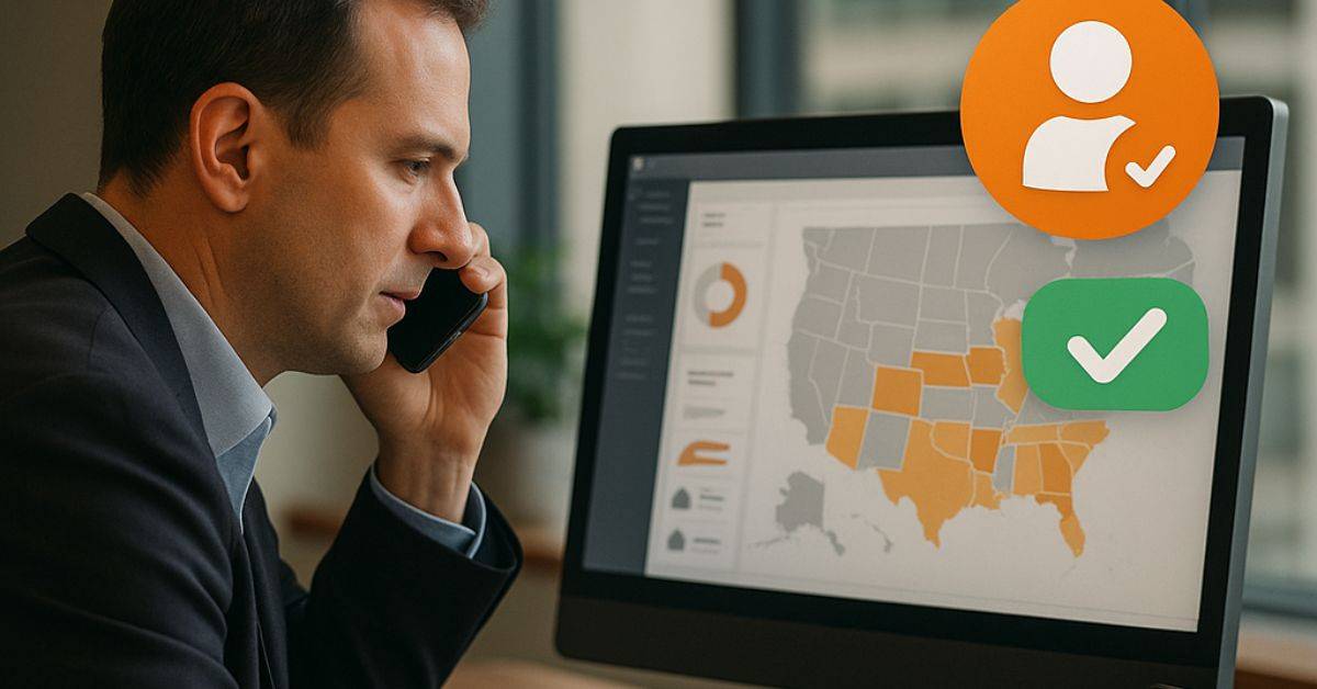 A business professional in a modern office analyzing dealership qualification data on a screen while speaking on the phone, with a U.S. map and confirmation icons indicating targeted dealer outreach.