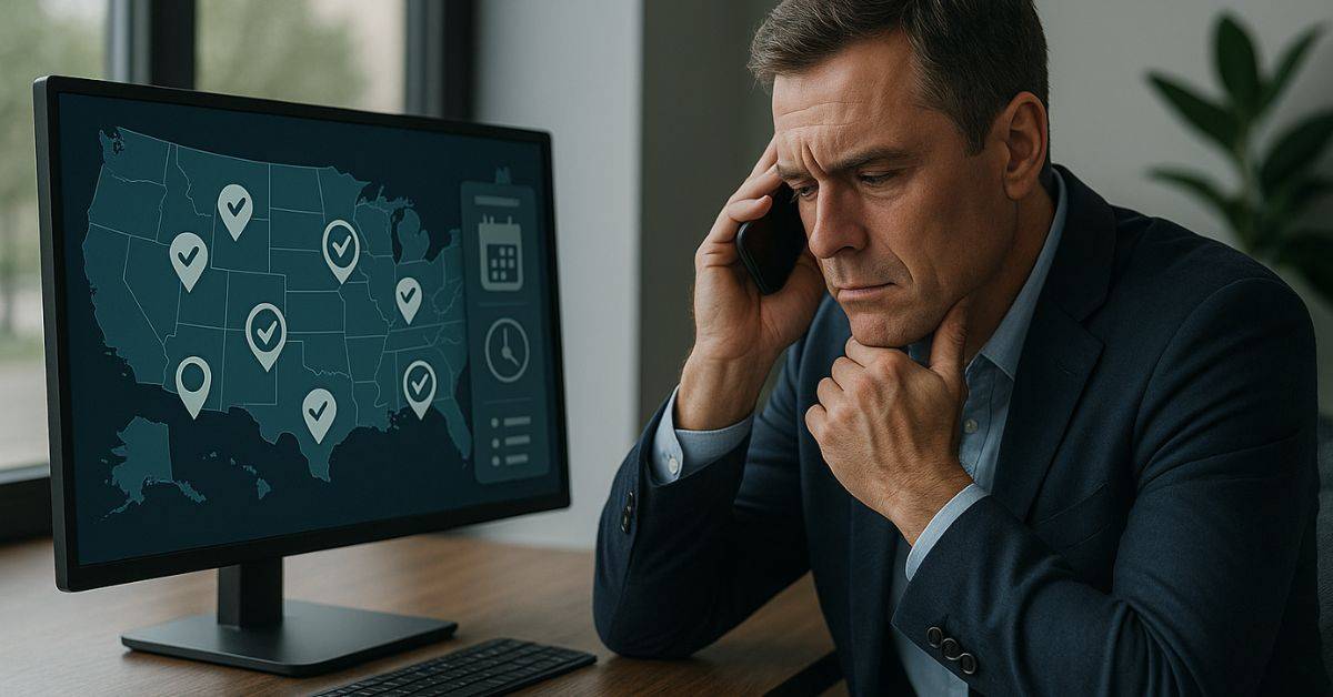 A professional man in a suit reviewing a U.S. territory map on a computer screen while speaking on the phone, with visual indicators marking priority dealer locations for outreach.