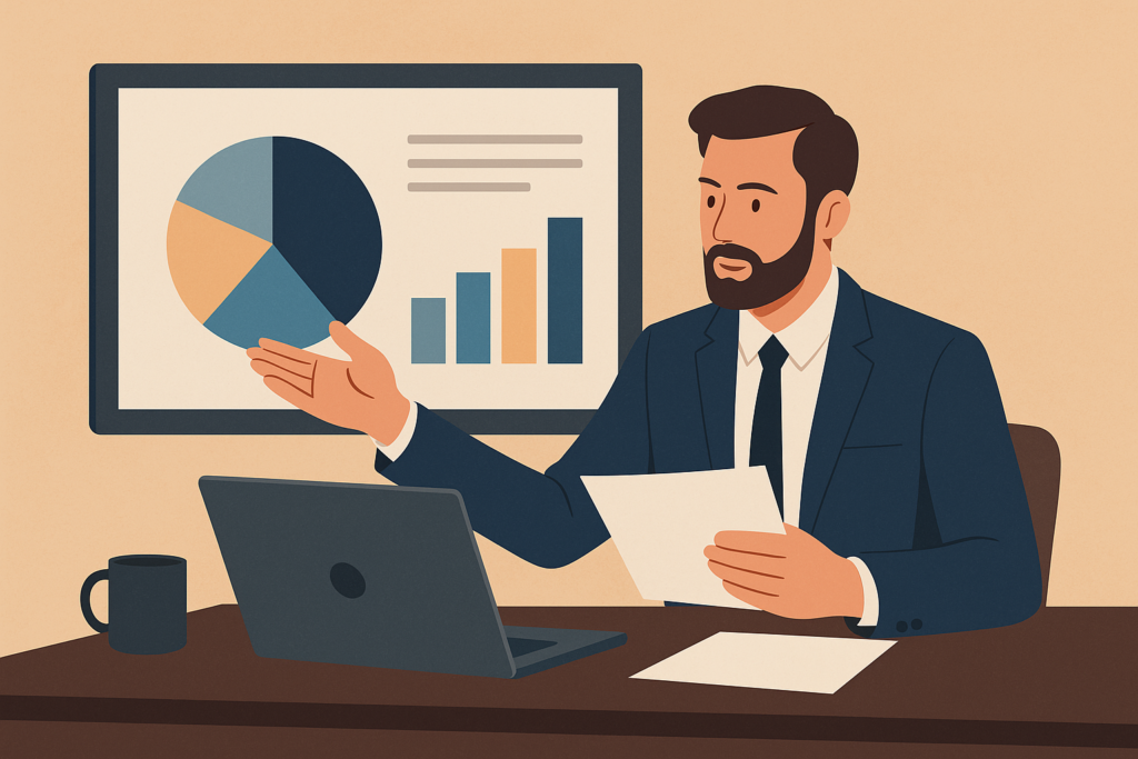 Independent F&I agent presenting product options to a car buyer in a dealership office, showcasing a confident and professional sales process.