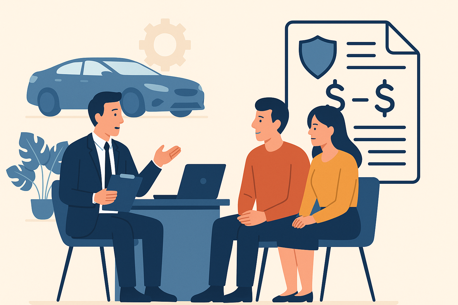 Two independent F&I agents in a dealership office reviewing training materials on a laptop, highlighting sales process improvement strategies and techniques.