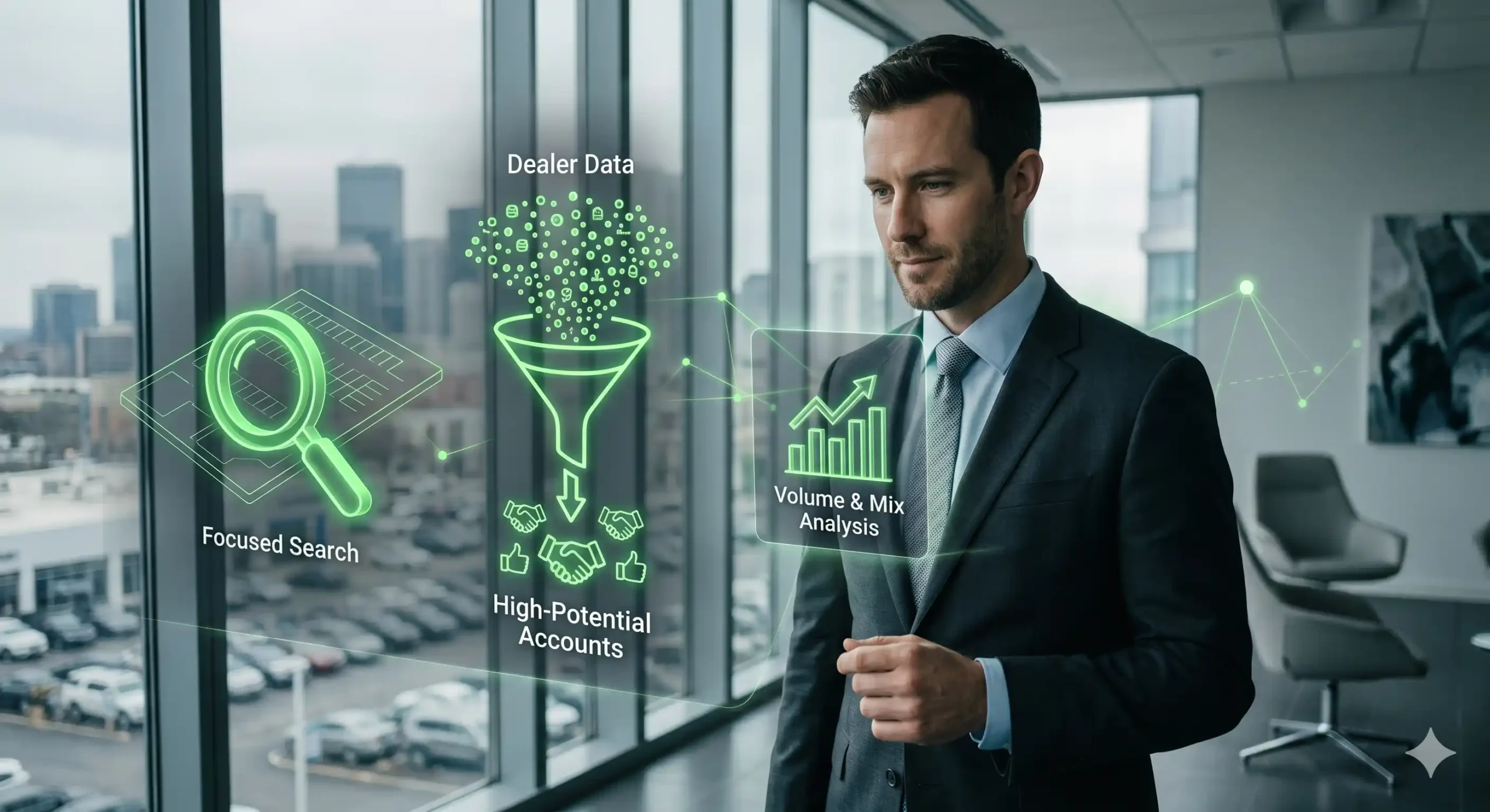 A professional F&I agent in a modern corporate office analyzing neon green 3D holographic overlays that visualize dealership data filtering, focused search, and volume analysis to target high-potential accounts.