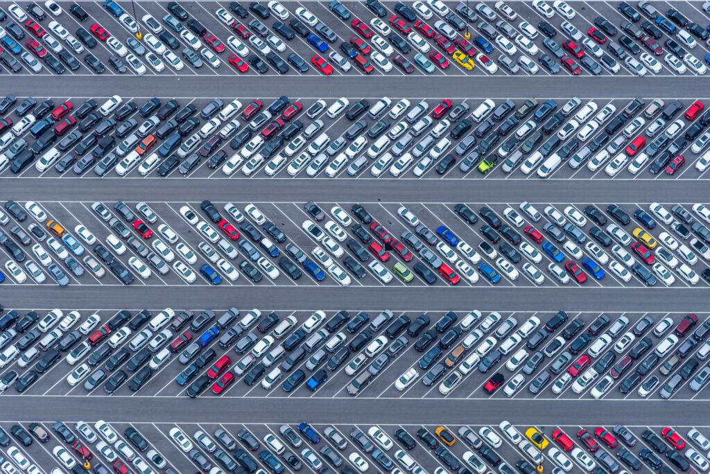 Aerial view of a car dealership parking lot