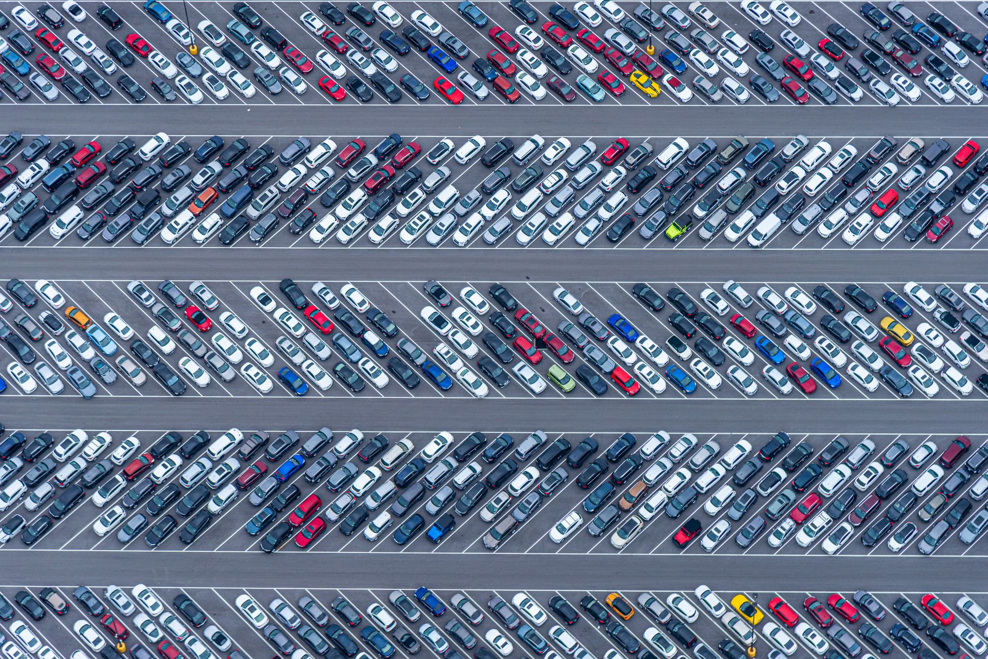 Aerial view of a car dealership parking lot